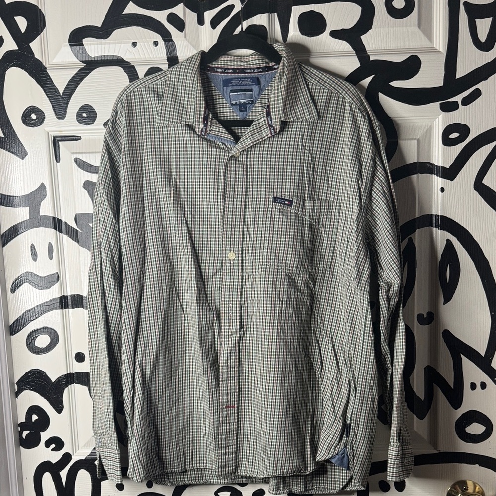 vintage large Tommy Jeans Men's Green Checkered Shirt flannel